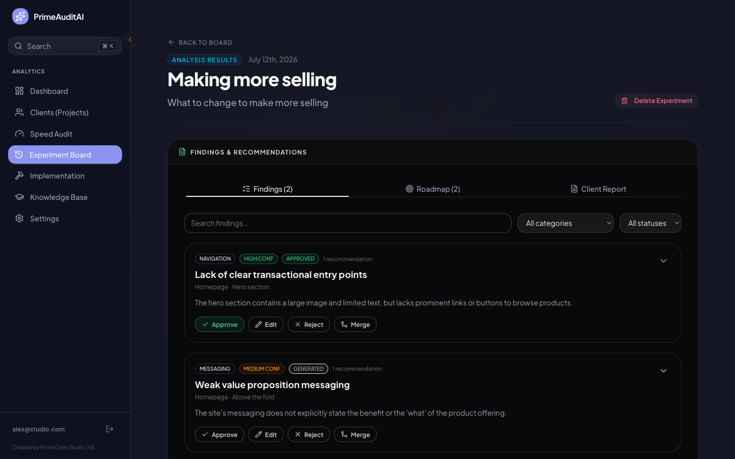 PrimeAuditAI findings view with confidence levels and review actions